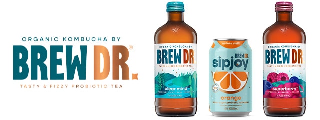 Organic Kombucha by Brew Dr. Tasty & Fizzy Probiotic Tea, logo next to Brew Dr. varieties