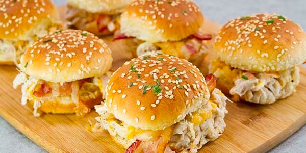 chicken bacon ranch sliders on a serving tray