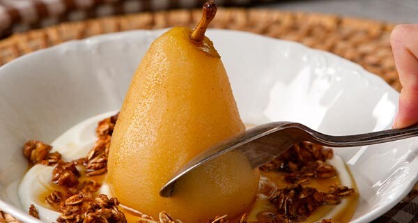 chai poached pear in a bowl