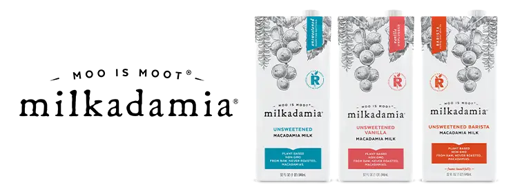 milkadamia logo with moo is moot tagline, next to product variety
