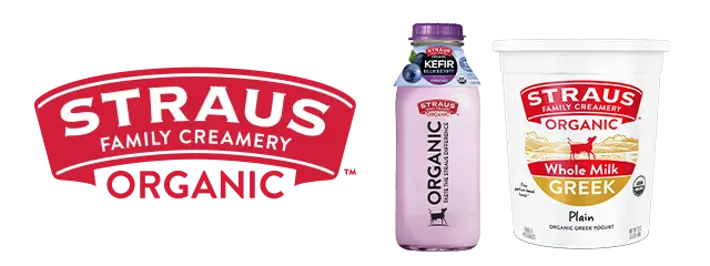 Straus Organic logo next to Kefir and Yogurt product