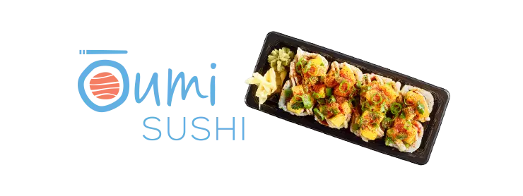 Oumi Sushi logo next to a plate of sushi