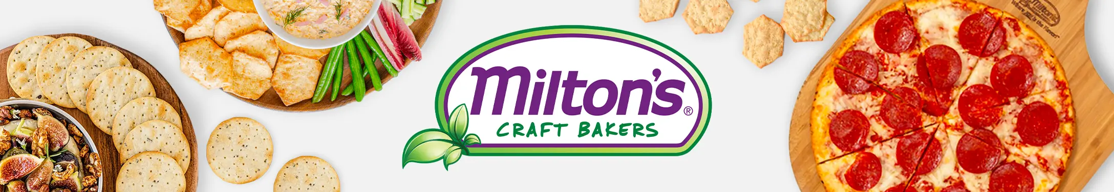 Miltons logo surrounded by pizza and cracker products