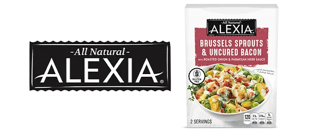 Alexia logo next to Brussels Sprouts product