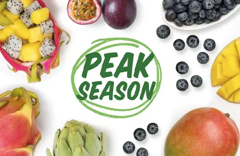 Peak season produce logo surrounded by produce