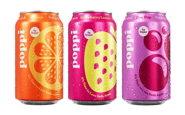 Poppi orange, strawberry lemon and doc pop cans