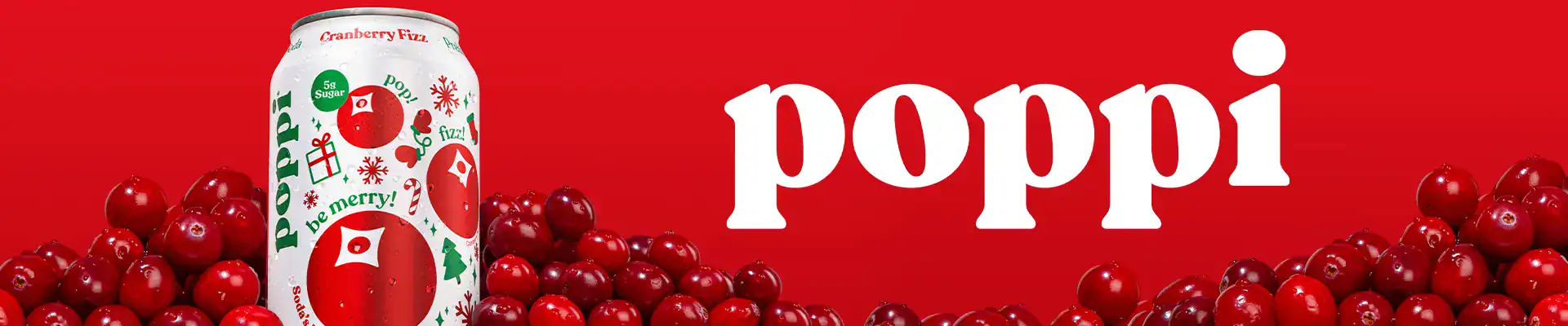 Poppi logo surrounded by product and cranberries