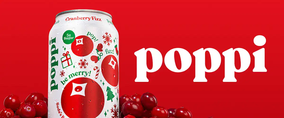 Poppi logo surrounded by product and cranberries