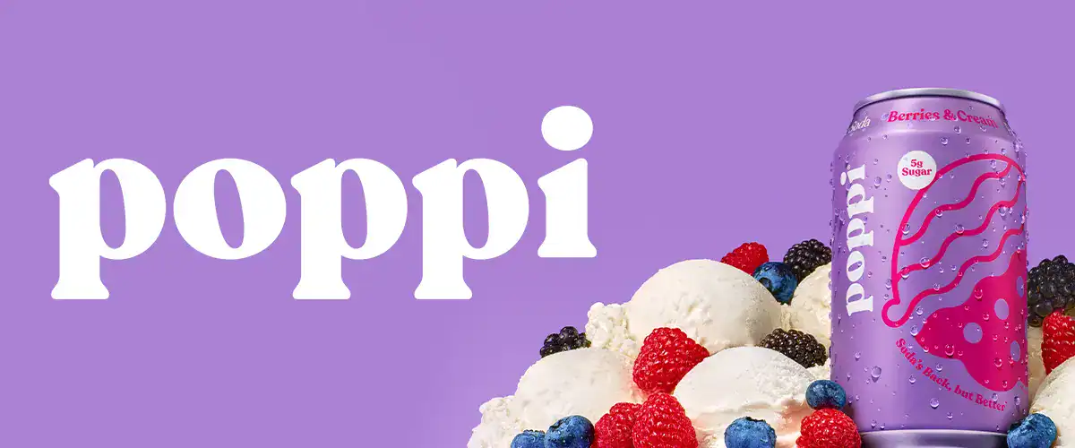 poppi logo next to berries and cream flavor