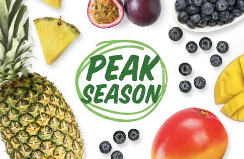 Peak season logo next to produce
