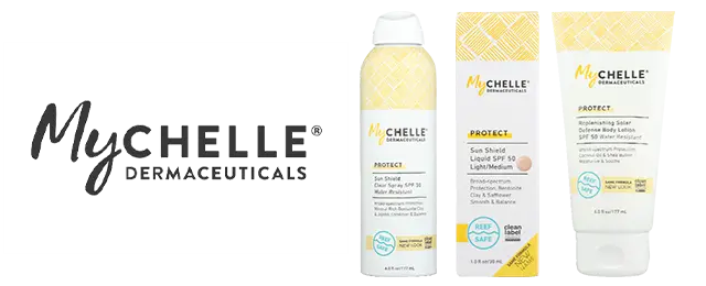 MyCHELLE deemaceuticals logo next to product variety