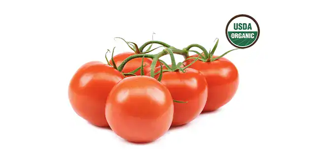 tomatoes on a vine with USDA organic icon