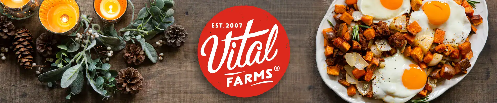 Vital Farms logo surrounded by cooked eggs