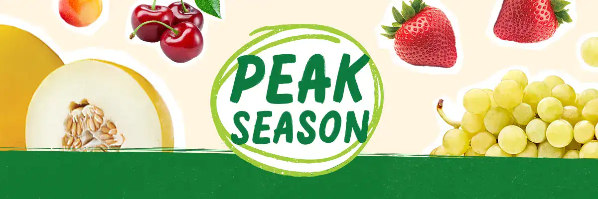 Peak Season Produce logo surrounded by produce