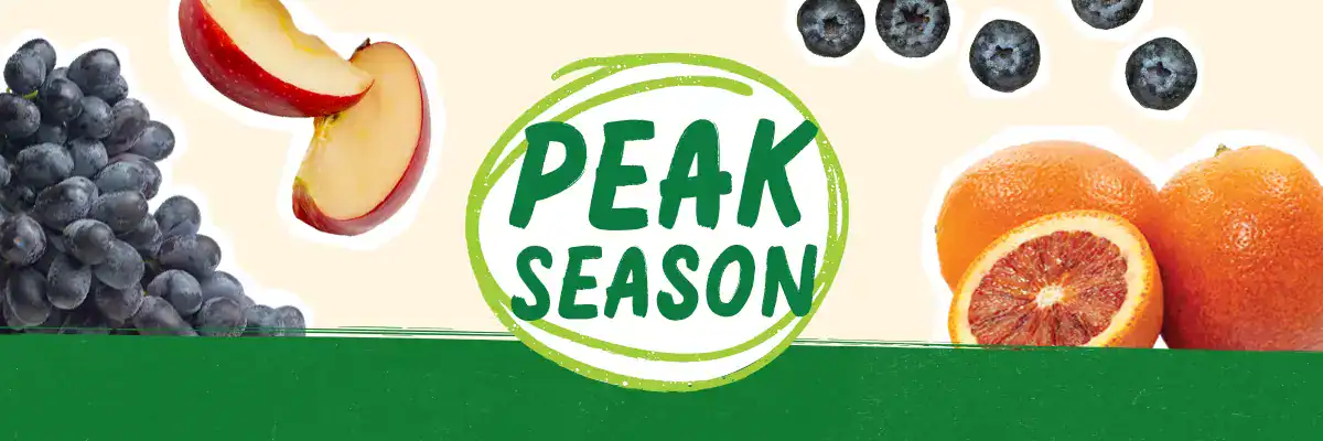 Peak Season Produce logo surrounded by produce
