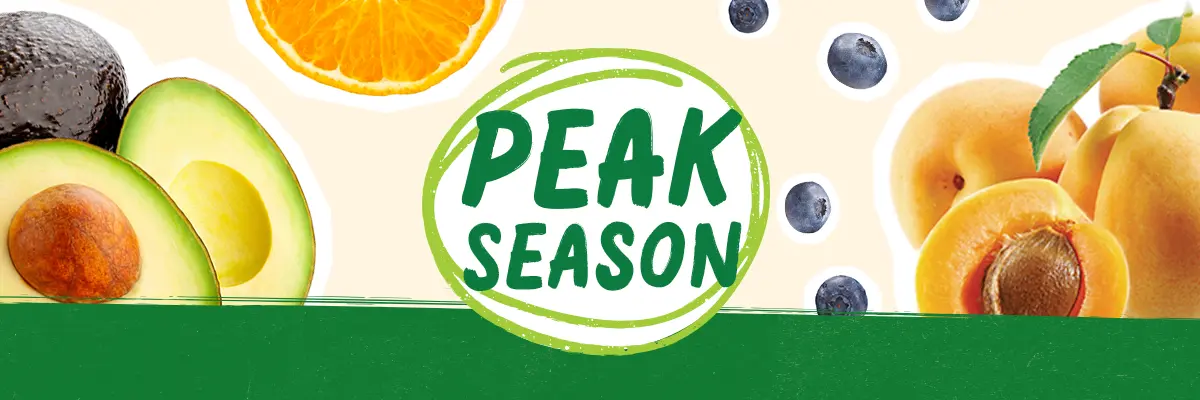 Peak Season Produce logo surrounded by produce