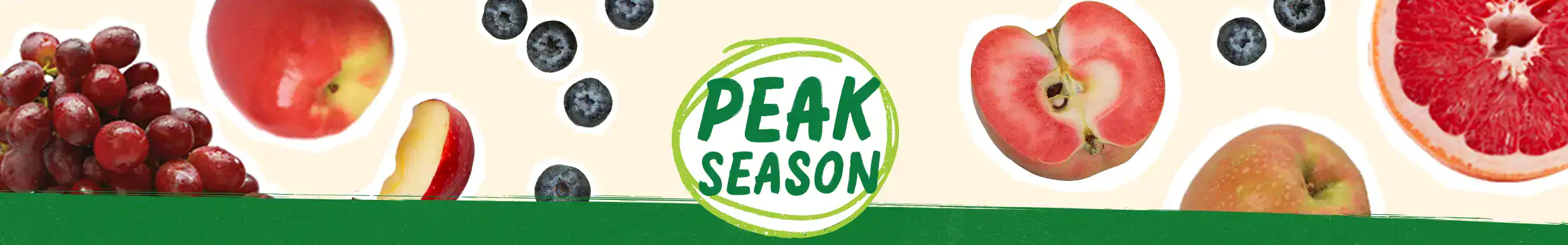 Peak Season produce logo surrounded by produce