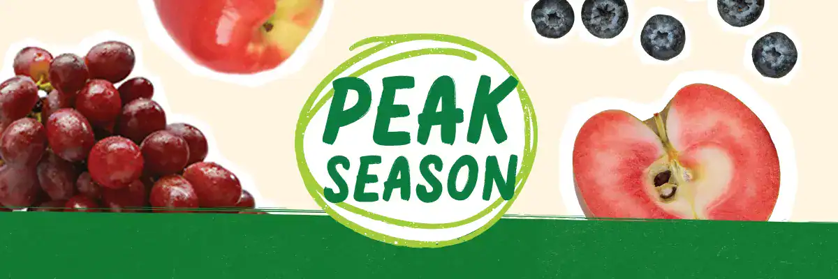 Peak Season produce logo surrounded by produce