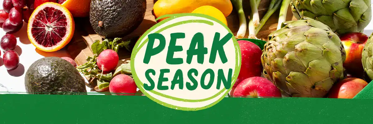 Peak Season produce logo surrounded by fruits and vegetables.