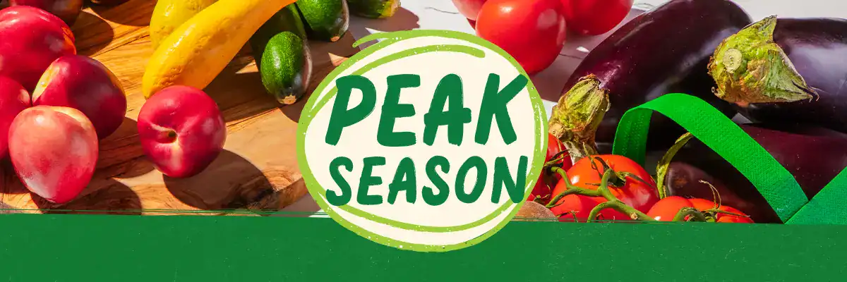 Peak Season Produce logo surrounded by produce