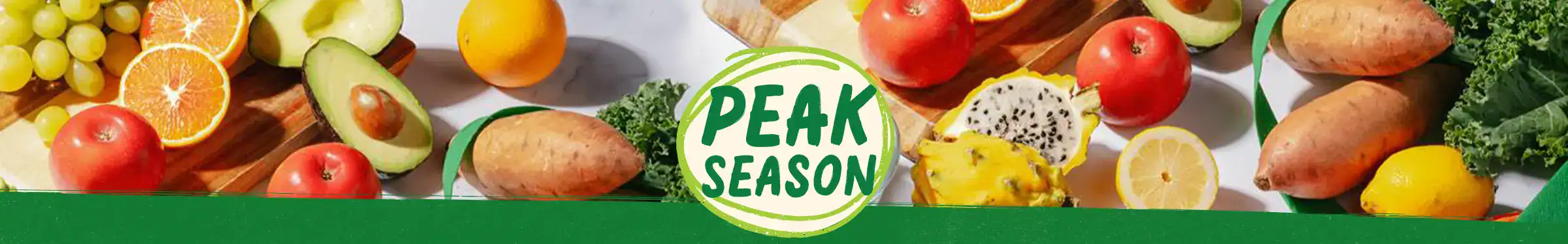Peak Season logo surrounded by produce