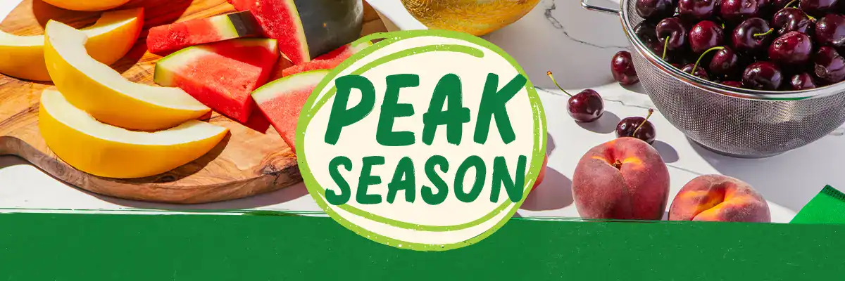 Peak Season Produce logo surrounded by produce