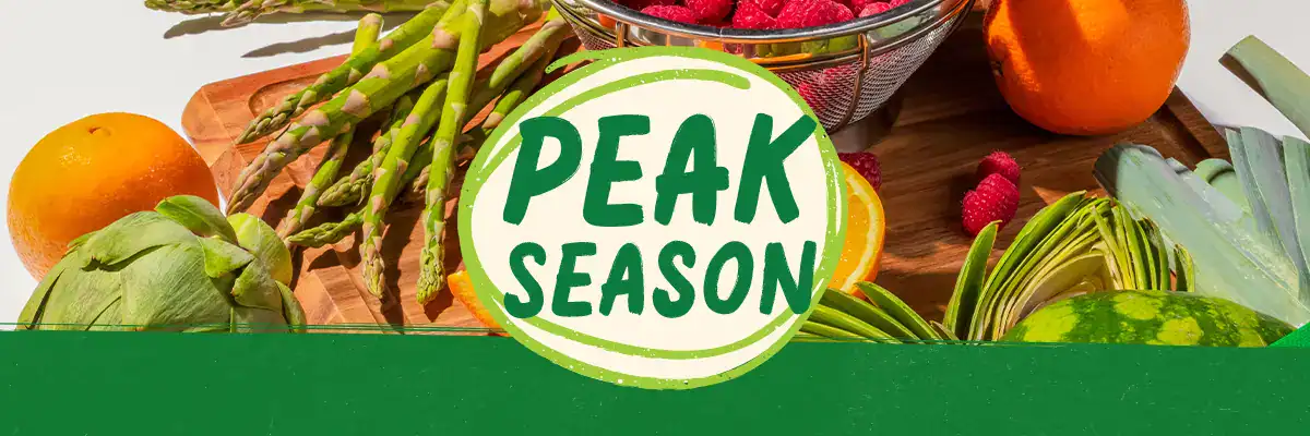 Peak Season logo surrounded by produce