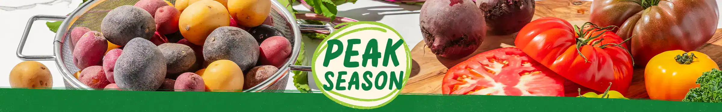 Peak Season Produce logo surrounded by produce images