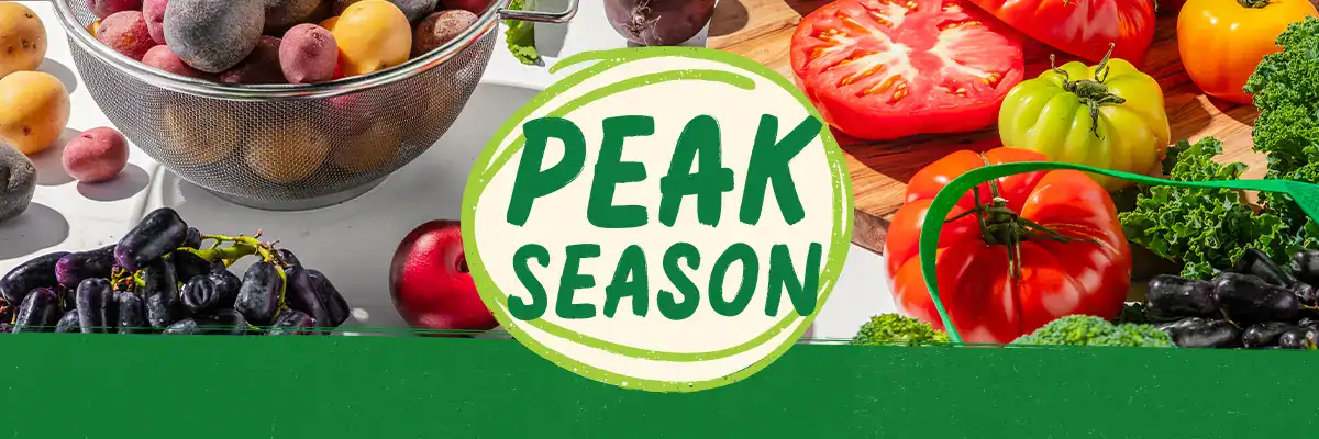 Peak Season Produce logo surrounded by produce images