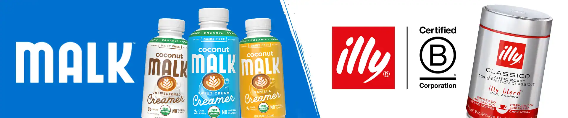 Malk and illy logos next to products