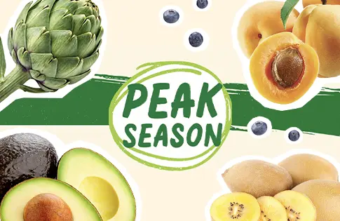 Peak Season Produce logo surrounded by produce.