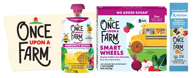Once Upon a Farm logo next to product variety