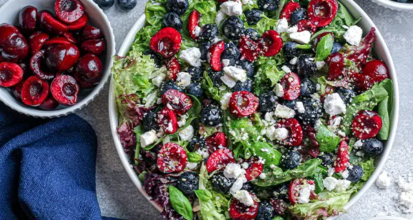 Blueberry, Cherry & Vegan Feta Salad with Lemon Basil Dressing