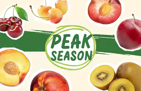 Peak Season logo surrounded by produce