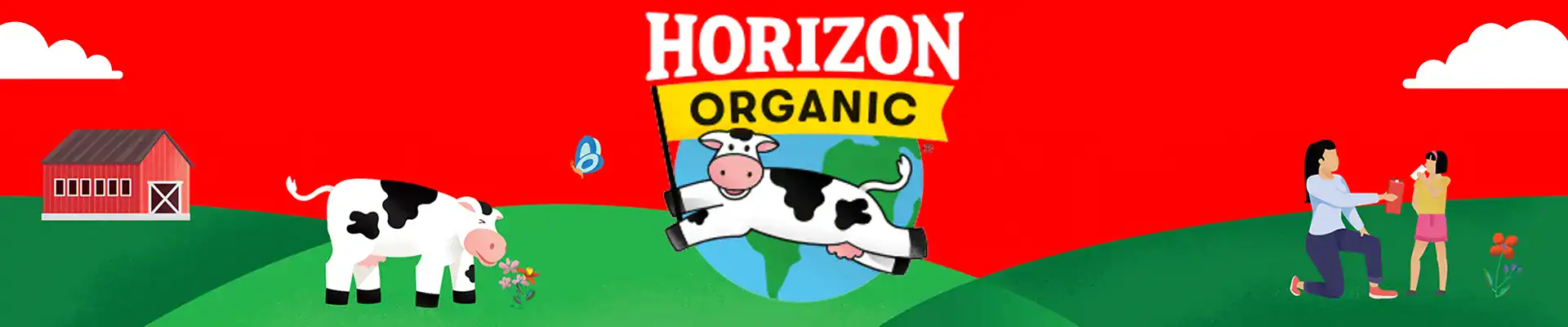 Horizon Organic logo surrounded by illustrations of a field with cows.