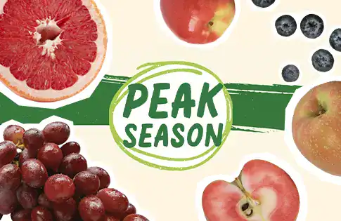 Peak Season logo surrounded by produce
