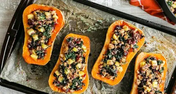Sausage, Apple & Cranberry Stuffed Butternut Squash