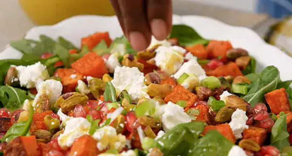 Roasted Sweet Potato Salad with Pomegranate & Chevre
