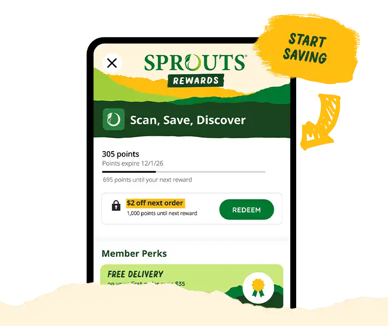 start saving callout beside a phone with the Sprouts Reward app on screen