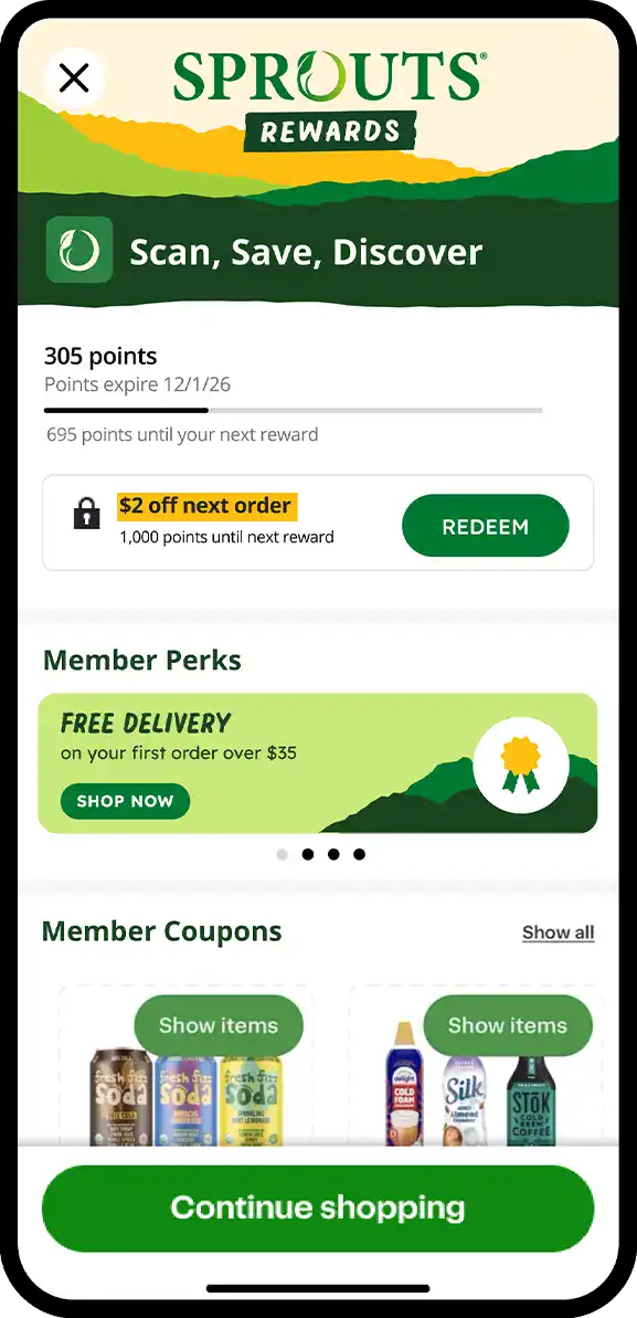 Sprouts Rewards Hub on a mobile phone