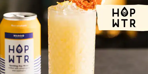 hopwtr logo next to drinks