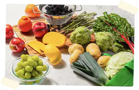 Peak Season logo surrounded by produce