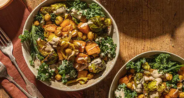 Roasted Sheet Pan Vegetables and Chickpeas with Tahini Dressing