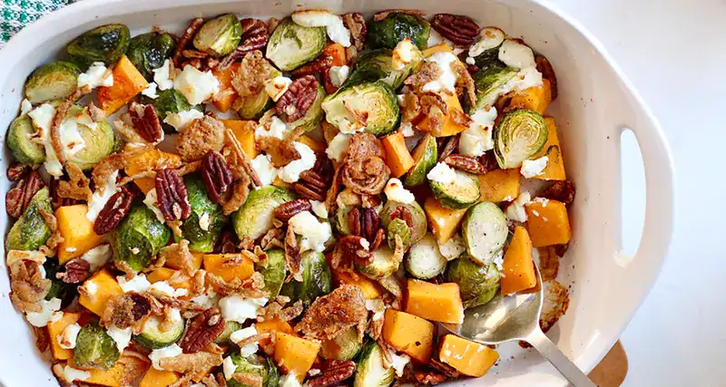 Roasted Brussels Sprouts and Butternut Squash with Pecans